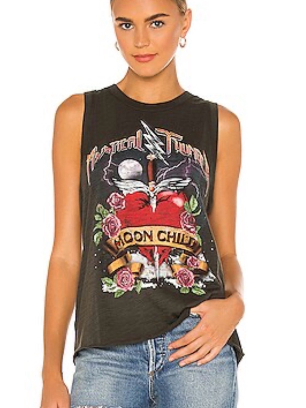REVOLVE Black 'Moon Child' Graphic Muscle Tee with Red Heart